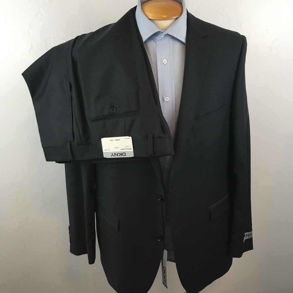 Dkny 44r mens suit solid gray slim fit 2 piece 100% wool 2 buttons new ea0079